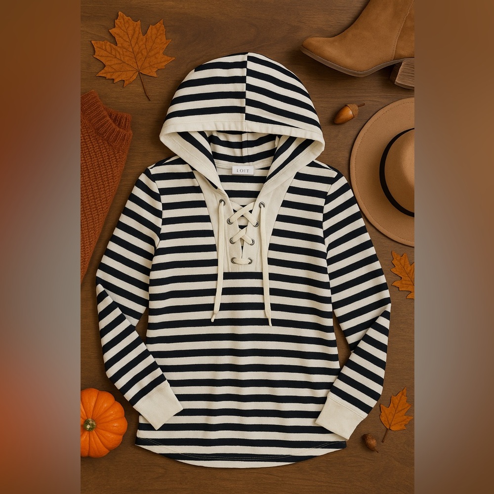 NWT, LOFT Striped Lace-Up Hoodie | Soft Terry 100% Cotton | Size Small
